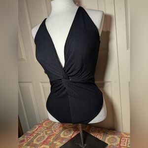 black twist-front | plunging one-piece swimsuit | blanc noir